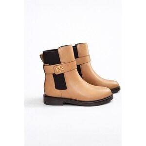 Tory Burch Miller Leather Chelsea Ankle Boots Tan Camel Gold Logo Hardware